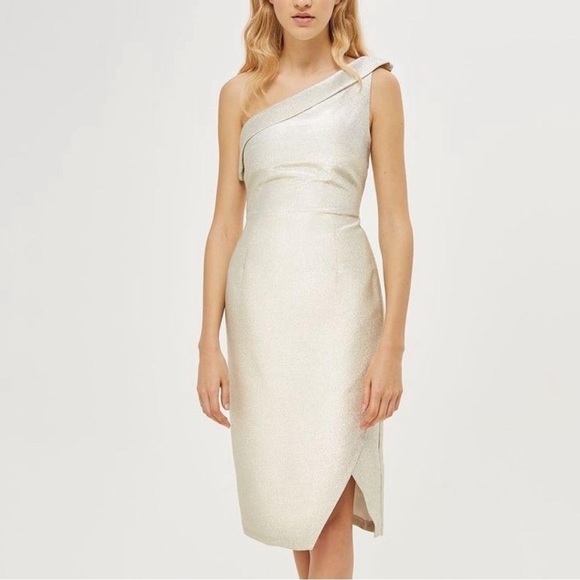Topshop Dresses & Skirts - Topshop Tinsel gold one shoulder sparkle glitter dress 6